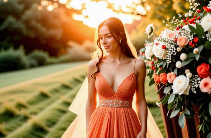 une-demoiselle-dhonneur-portant-une-robe-terracotta-ornee-daccessoires-elegants-prise-en-exterieur-avec-une-lumiere-naturelle-au-coucher-du-soleil-mettant-en-valeur-les-details-delicats-de-la