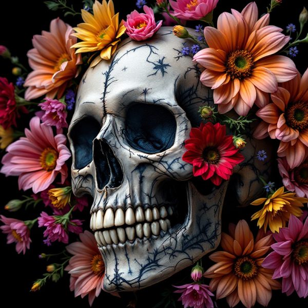 une-image-representant-un-crane-tatoue-entoure-de-fleurs-colorees-avec-des-details-realistes-et-naturels-le-fond-somber-met-en-valeur-les-tatouages-et-les-fleurs-vibrantes