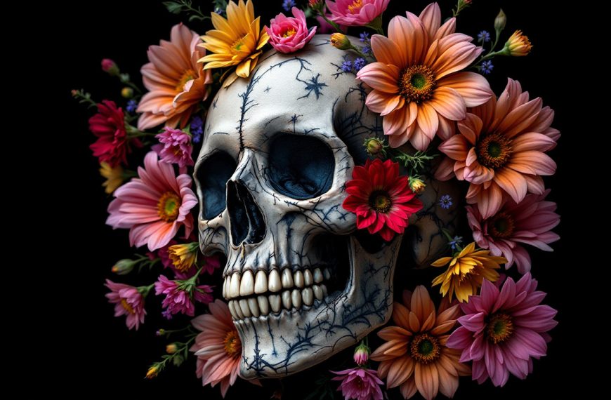 une-image-representant-un-crane-tatoue-entoure-de-fleurs-colorees-avec-des-details-realistes-et-naturels-le-fond-somber-met-en-valeur-les-tatouages-et-les-fleurs-vibrantes
