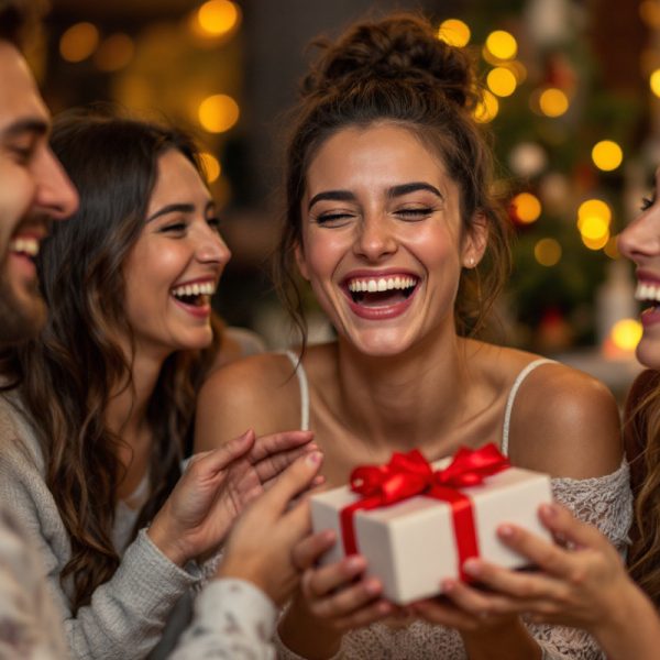 des-amis-rient-ensemble-lors-dune-fete-partageant-un-cadeau-humoristique-dans-une-ambiance-joyeuse-et-festive