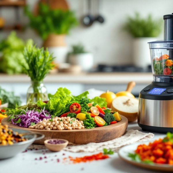 Une sélection de plats vegan colorés préparés avec un robot multifonction, présentés dans une cuisine lumineuse, mettant en avant des légumes frais et des épices.