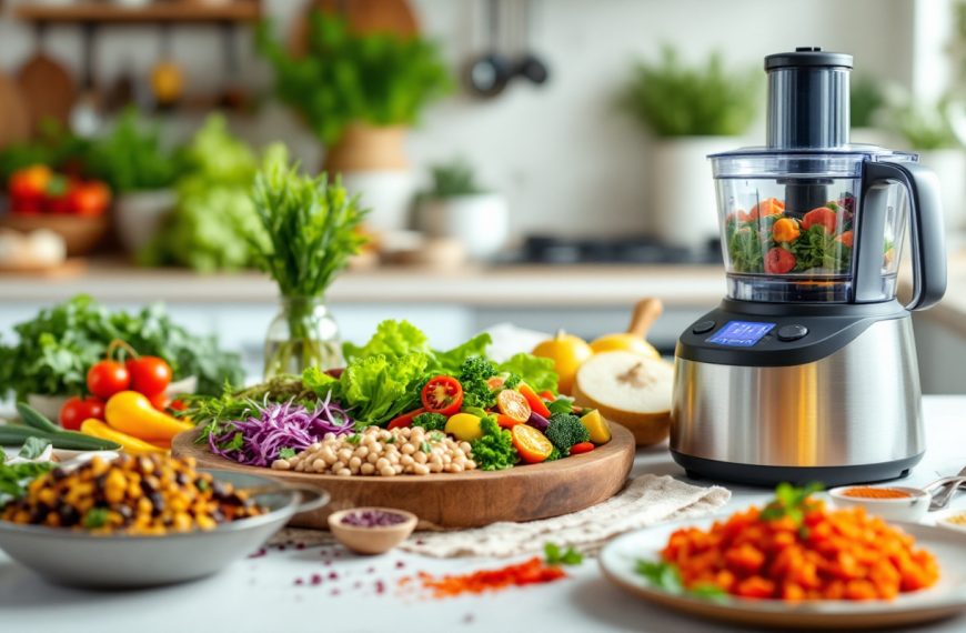 Une sélection de plats vegan colorés préparés avec un robot multifonction, présentés dans une cuisine lumineuse, mettant en avant des légumes frais et des épices.