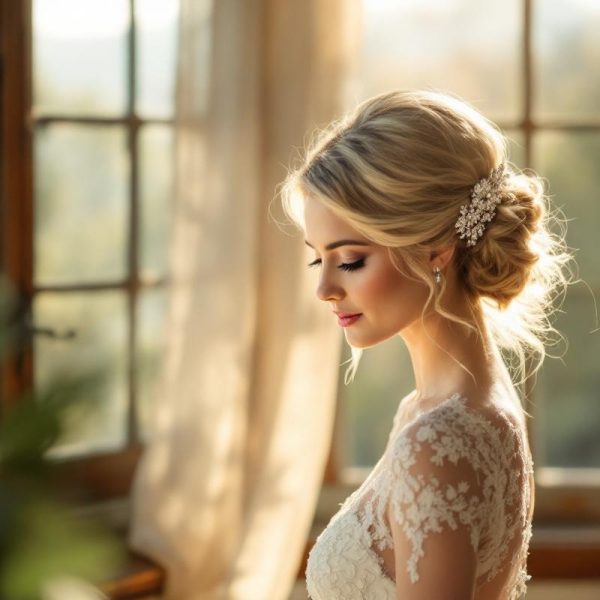 mariee-portant-un-peigne-orne-de-bijoux-pres-dun-chignon-bas-robe-en-dentelle-et-meches-laches-baignee-dune-lumiere-douce-et-chaleureuse-avec-des-accents-de-bleu-et-de-vert