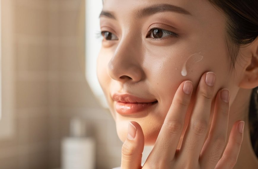 Femme appliquant un sérum aux peptides de collagène sur le visage lors de sa routine beauté