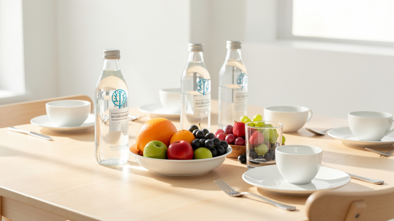 Table lumineuse de petit-déjeuner avec trois bouteilles d’eau minérale en verre, des fruits frais et un verre transparent dans une ambiance minimaliste et apaisante.