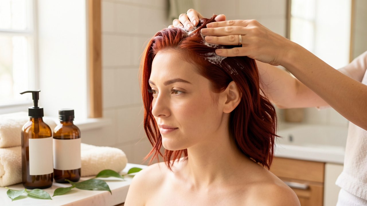 Femme aux cheveux auburn fraîchement colorés appliquant doucement un soin botanique apaisant sur son cuir chevelu dans une salle de bain lumineuse, avec des accessoires de routine capillaire vegan.