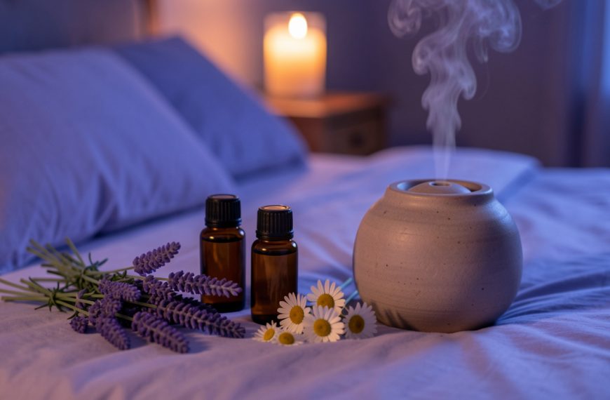Composition apaisante avec des flacons ambrés sans étiquette, de la lavande, de la camomille et un diffuseur en céramique dans une chambre éclairée le soir.
