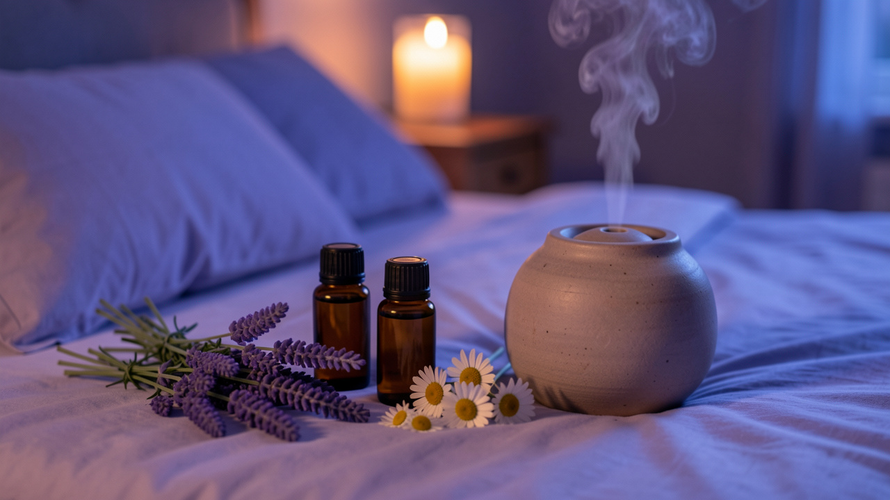 Composition apaisante avec des flacons ambrés sans étiquette, de la lavande, de la camomille et un diffuseur en céramique dans une chambre éclairée le soir.