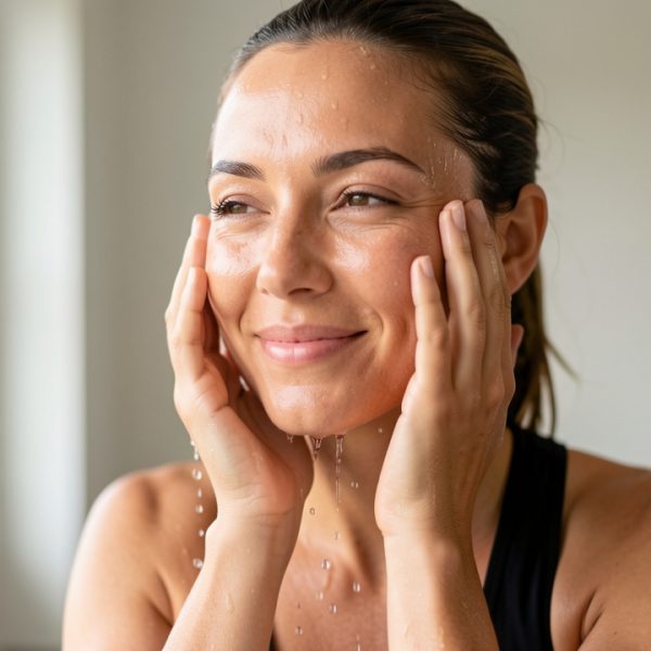 Une jeune femme se rafraîchit le visage à l’eau après une séance de sport, dans une lumière douce et naturelle.