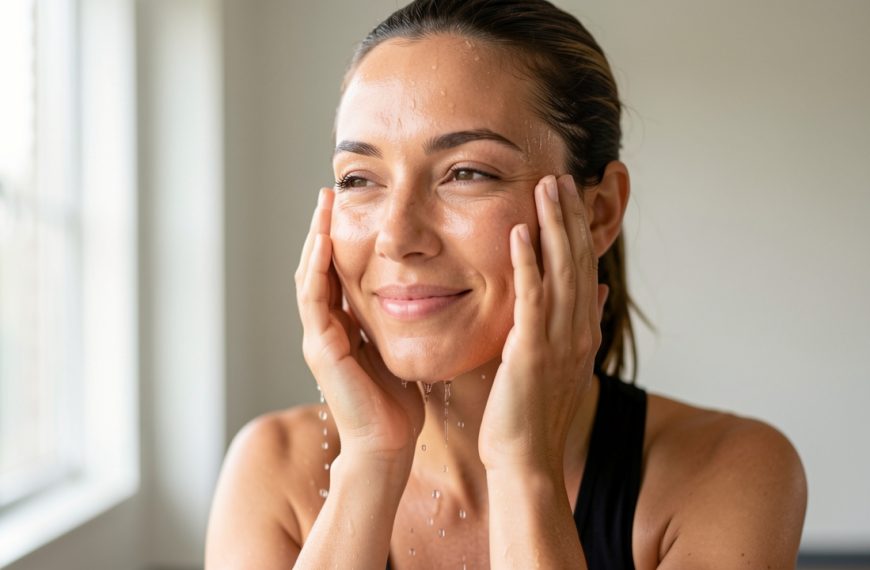 Une jeune femme se rafraîchit le visage à l’eau après une séance de sport, dans une lumière douce et naturelle.