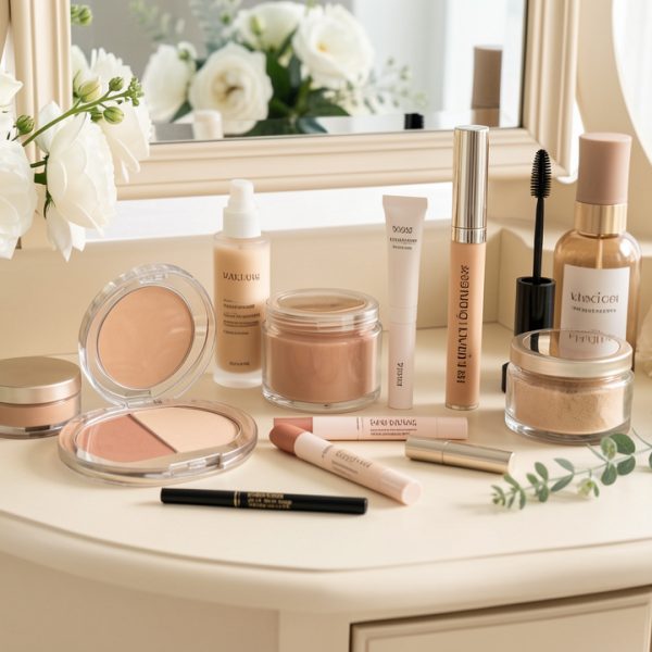 Trousse de maquillage vegan aux teintes naturelles, présentée sur une coiffeuse ivoire avec des fleurs blanches et des éléments végétaux estivaux.