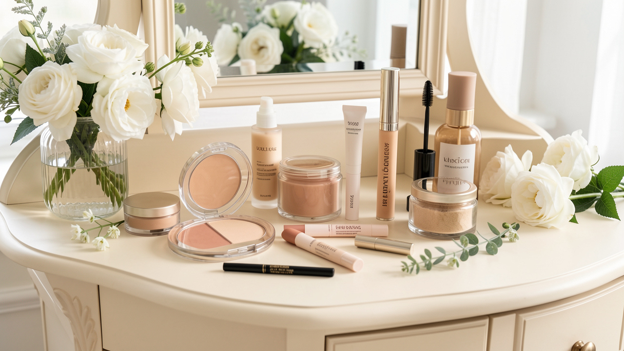 Trousse de maquillage vegan aux teintes naturelles, présentée sur une coiffeuse ivoire avec des fleurs blanches et des éléments végétaux estivaux.