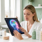 Une femme bénéficie d’un diagnostic de peau connecté dans un institut lumineux, avec une analyse abstraite de son visage sur une tablette et des produits de soin vegan sobres.