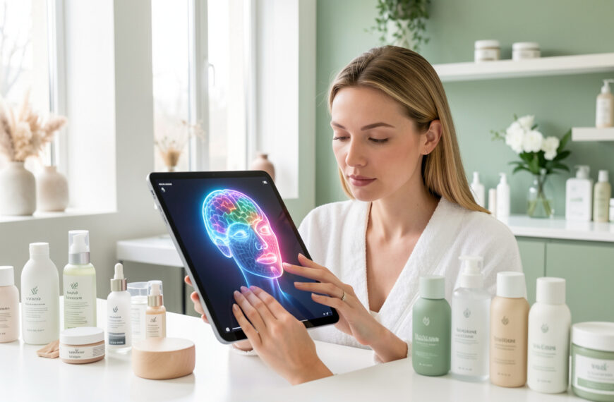 Une femme bénéficie d’un diagnostic de peau connecté dans un institut lumineux, avec une analyse abstraite de son visage sur une tablette et des produits de soin vegan sobres.