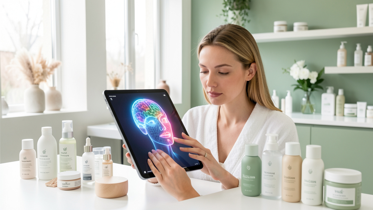 Une femme bénéficie d’un diagnostic de peau connecté dans un institut lumineux, avec une analyse abstraite de son visage sur une tablette et des produits de soin vegan sobres.