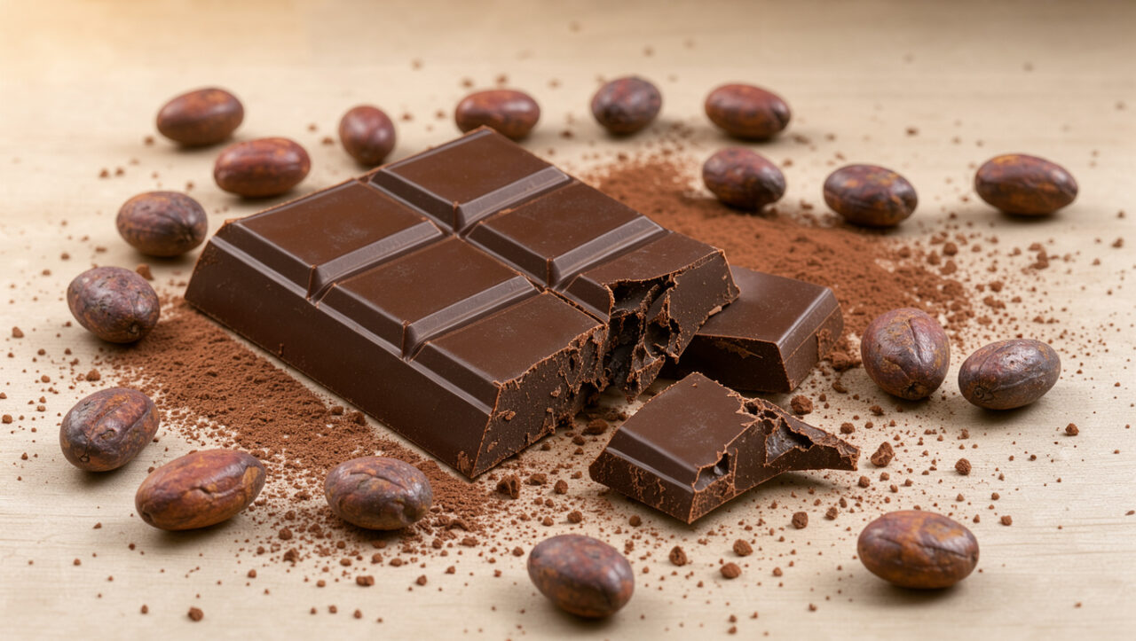 Tablette de chocolat noir vegan ouverte sur une table claire, entourée de fèves et de poudre de cacao dans une ambiance douce et naturelle.